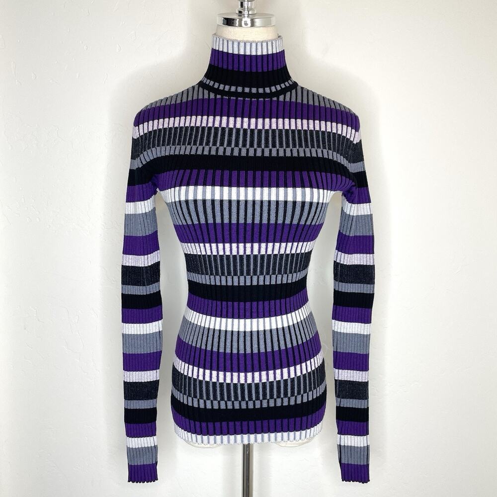 Alp N Rock Sadie Sweater Womens Small Purple Striped Ribbed Mock Neck Pullover
